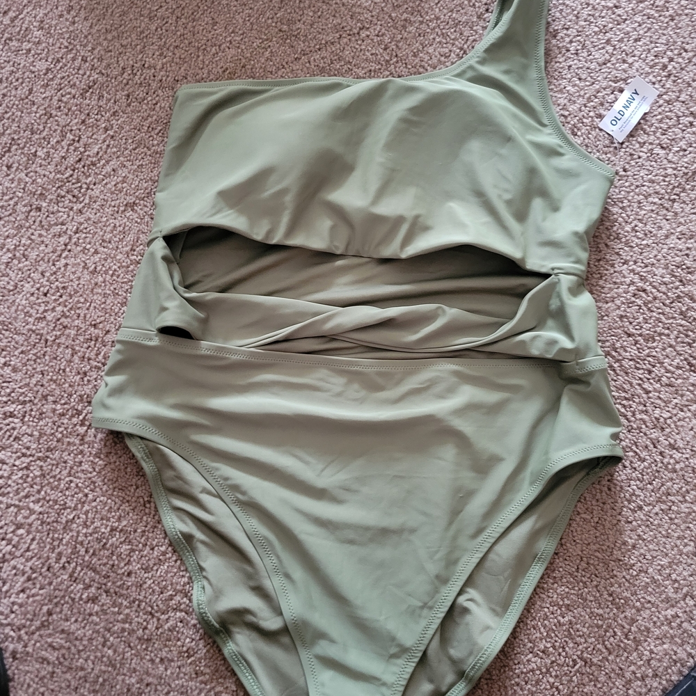 Old Navy Olive Green One-Shoulder Swim One Piece